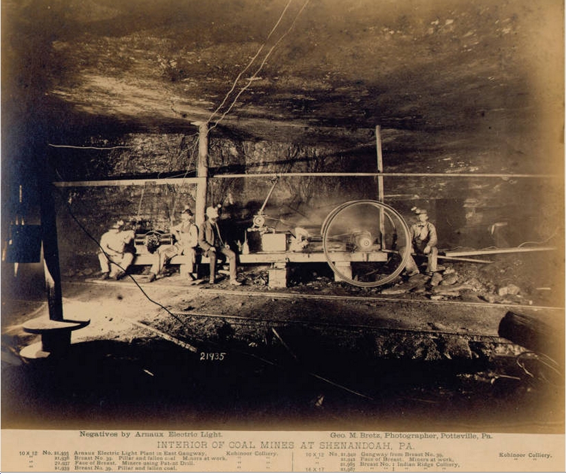 1884: Arnaux Electric Company dynamo inside Shenandoah's Kohinoor mine. This produced electricity to illuminate the lamps needed for George Bretz's photography experiment.