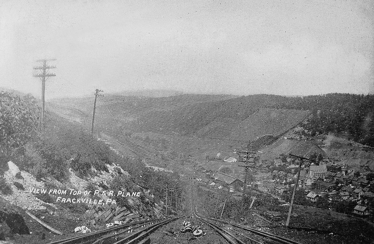 From 1909, a view down the 2,500 feet of Mahanoy Plane railroad track, showing the valley below.